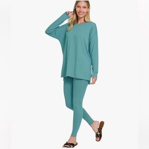 Zenana lounge all day crew long sleeve brushed microfiber set dusty teal small